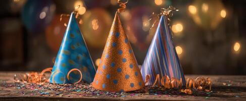 The colorful party hats arranged on a festive wooden table with vibrant decorations. photo