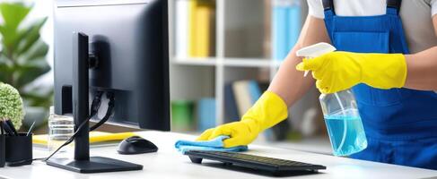 The person cleaning an office desk with a spray and cloth for hygiene. photo