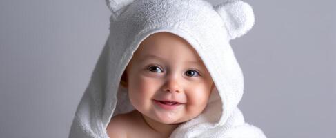 The adorable baby wrapped in a fluffy bear towel smiling joyfully. photo
