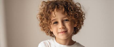 The cheerful child with curly hair smiling warmly at the camera. photo