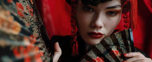 The Elegant Woman with a Traditional Fan Against a Dramatic Red Background photo