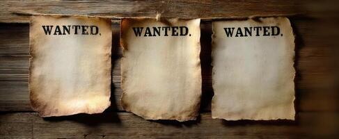 The wanted posters hanging against a rustic wooden background. photo