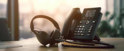 The modern office setup featuring a telephone and headphones amidst a warm ambiance. photo