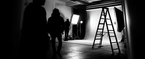 The dramatic studio setup featuring silhouettes and photography equipment in black and white. photo
