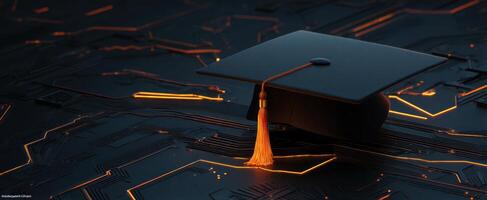 The graduation cap symbolizing success in a digital age. photo