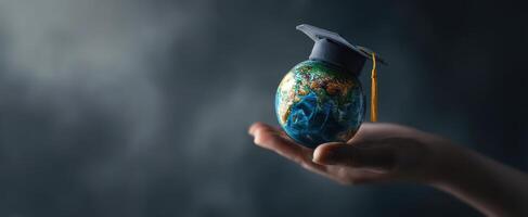 The globe wearing a graduation cap held in a human hand. photo