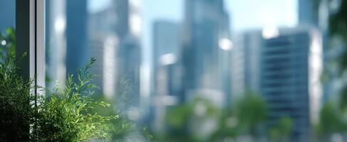 The serene greenery beside a modern cityscape in a bright urban environment. photo