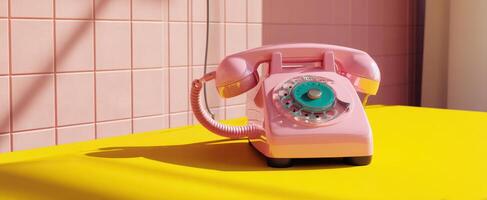 The vibrant pink rotary telephone on a stylish yellow tabletop. photo