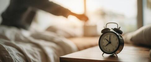 The classic alarm clock signaling the start of a new day in a cozy bedroom. photo