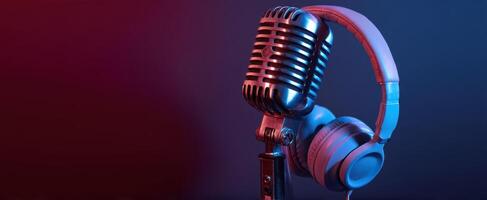 The vintage microphone with headphones against a dramatic colorful background. photo
