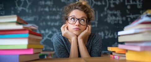 The thoughtful student pondering over a sea of academic books in class. photo
