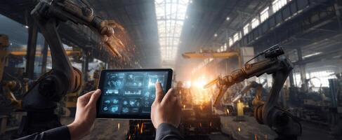 The worker controlling robotic arms with a tablet in a modern factory setting. photo