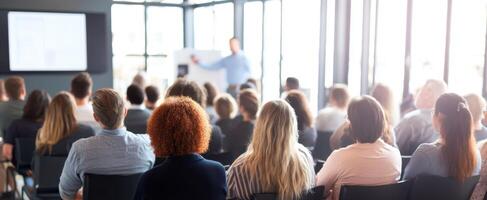 The audience engaged during a professional seminar presentation on innovative strategies. photo