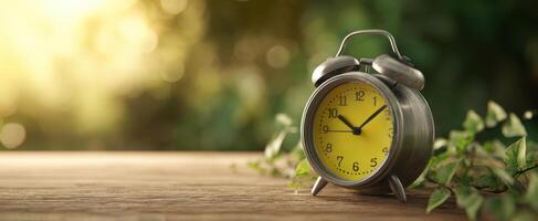 The vintage clock displaying time in a serene natural setting. photo