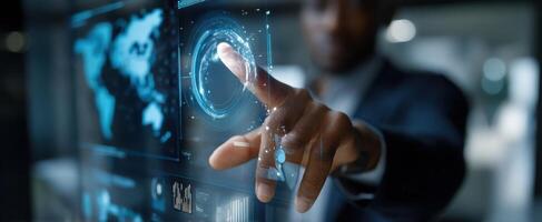 The sleek touchscreen interface being interacted with by a professional businessman. photo