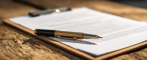The clipboard with a pen and document on a rustic wooden background. photo