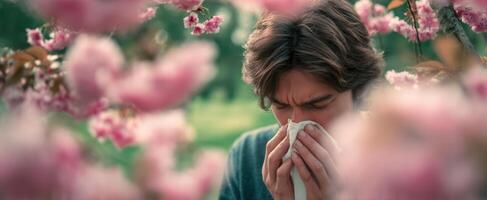 The man experiencing allergies amidst blooming cherry blossoms in springtime. photo