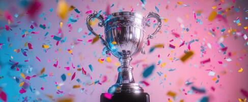 The trophy surrounded by colorful confetti celebrating a moment of victory. photo