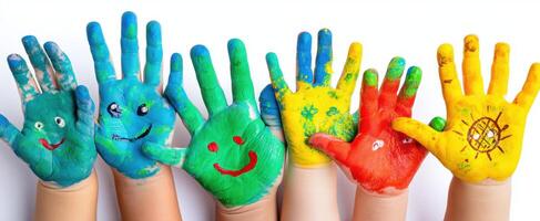 The colorful handprints of children showcasing creativity and joy in art. photo