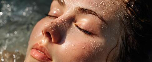 The serene beauty of a woman relaxing in water with glistening droplets. photo