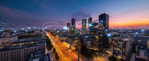 The networked city skyline illuminated by sunset and modern technology connections. photo