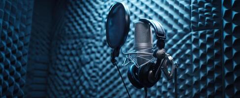 The microphone and headphones set in a modern soundproof recording studio. photo