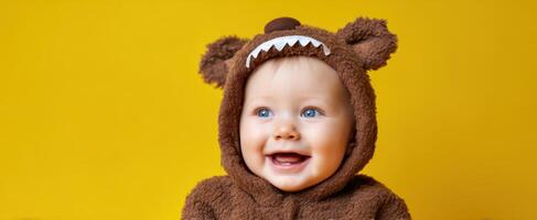 The adorable baby in a bear costume smiles against a bright yellow background. photo