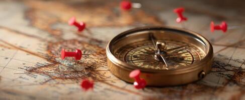 The classic compass resting on a detailed vintage map with red pushpins. photo