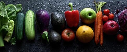 The colorful assortment of fresh vegetables glistening with water droplets photo