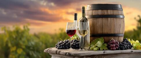 The wine barrel surrounded by glasses and grapes at sunset in a vineyard. photo