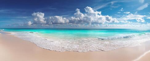 The breathtaking view of a tropical beach with clear turquoise water and fluffy clouds. photo