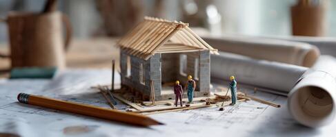 The miniature model of a house under construction with workers and blueprints. photo