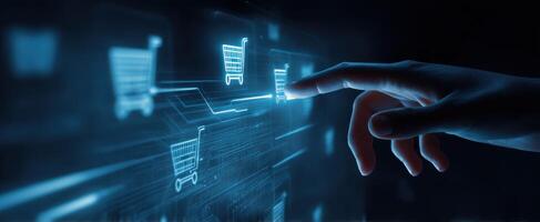 The hand interacting with a digital shopping interface in a futuristic setting. photo