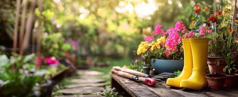 The vibrant garden scene with yellow boots and blooming flowers. photo