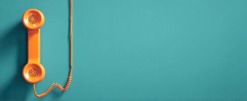 The bright orange telephone receiver against a teal background. photo