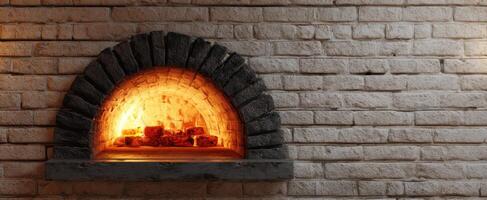The inviting glow of a rustic brick fireplace in a cozy home setting. photo
