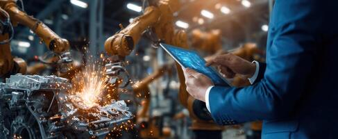 The engineer using a tablet to control robotic machinery in a modern factory. photo