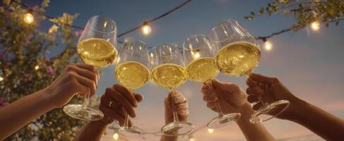 The joyful gathering of friends toasting with glasses of wine at sunset. photo