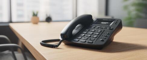 The classic black telephone on a wooden desk in a modern office environment. photo