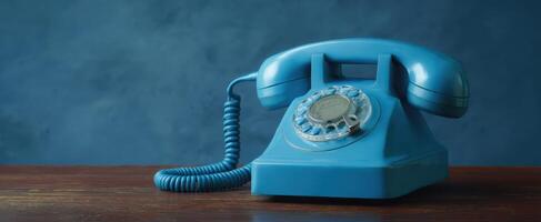 The classic blue rotary telephone on a wooden surface with a vintage touch. photo