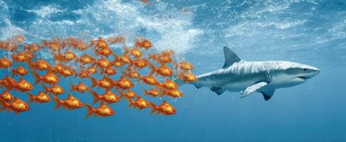 The majestic shark swimming alongside a school of vibrant goldfish. photo