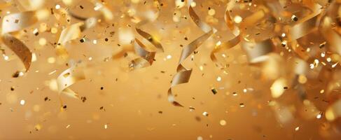 The joyful celebration of golden confetti and shimmering ribbons falling. photo