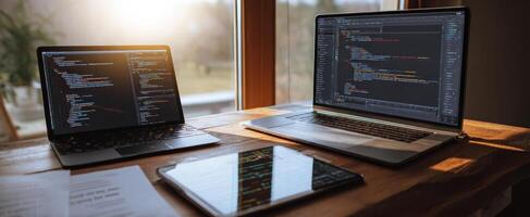 The modern coding workspace with laptops and tablets in natural light. photo