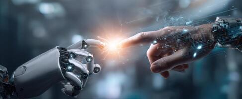 The human and robot hands bridging the gap of connection in a digital world. photo