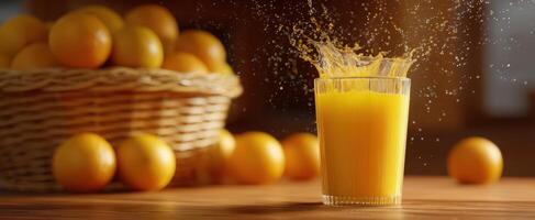 The vibrant glass of orange juice splashing delightfully on a wooden table. photo