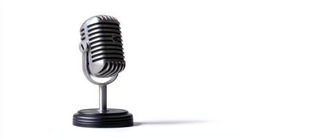 The vintage microphone on a stand against a plain background photo