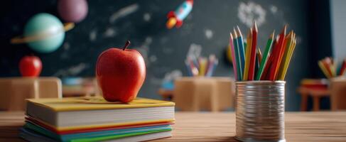 The vibrant apple resting on colorful books in a creative classroom setting. photo