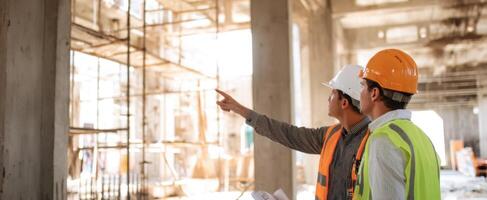 The construction workers analyzing plans on a busy building site photo