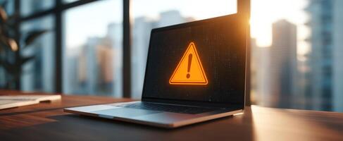 The laptop displays a caution alert in a sunlit modern workspace. photo