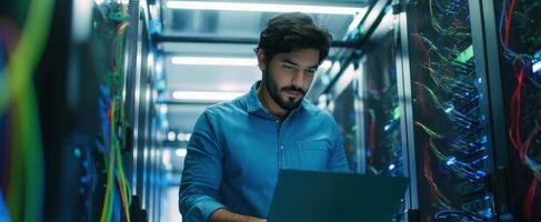 The professional man working on a laptop in a high-tech server environment. photo